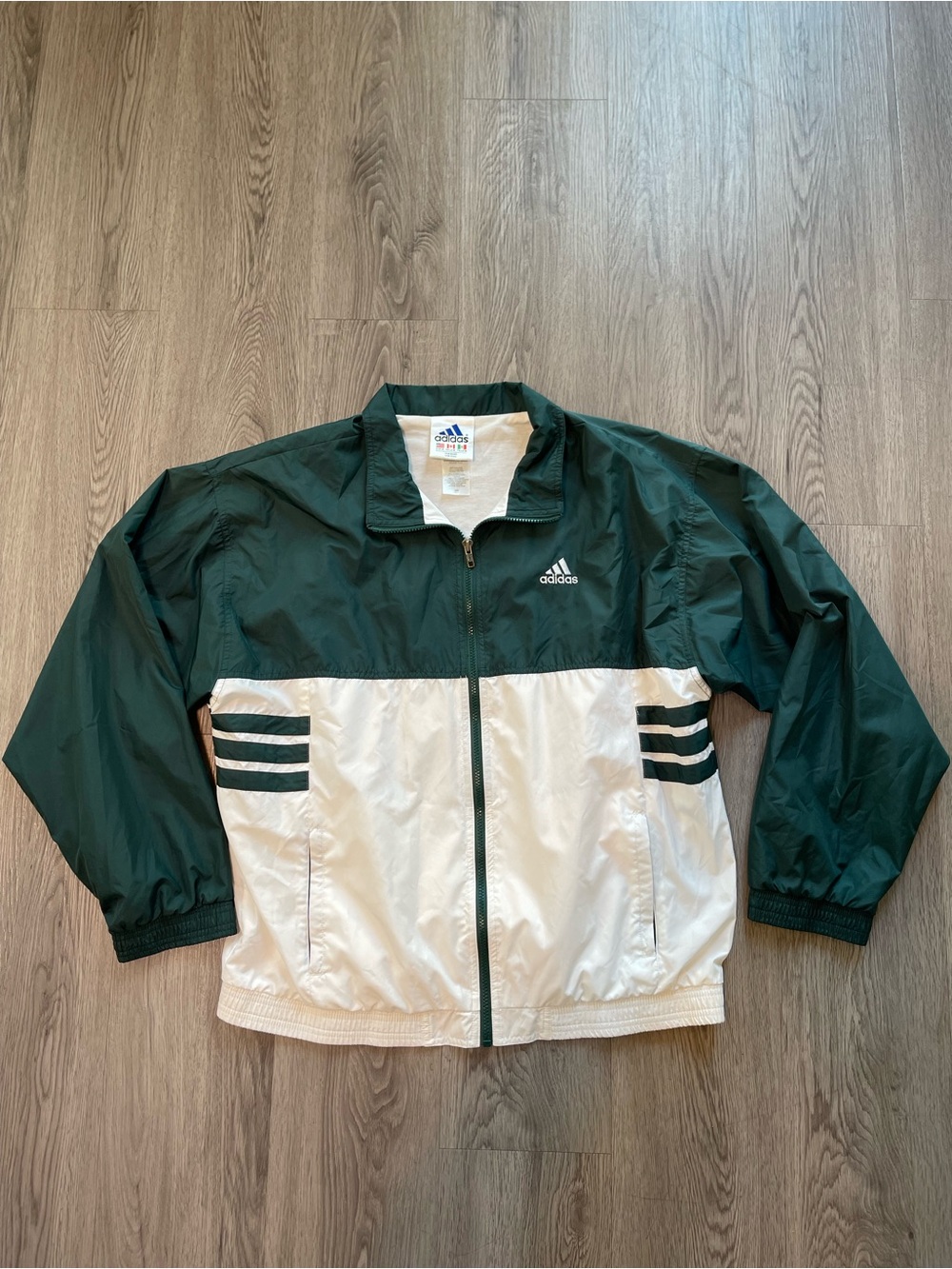 Vtg Adidas green and white color block windbreaker